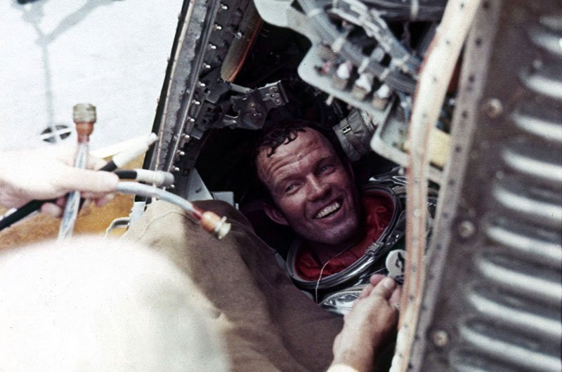 A hot, but happy, Gordo shortly after his capsule had been recovered